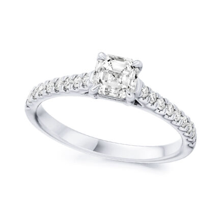 1 carat asscher lab diamond ring with shoulder diamonds white gold