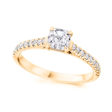 1 carat asscher lab diamond ring with shoulder diamonds yellow gold