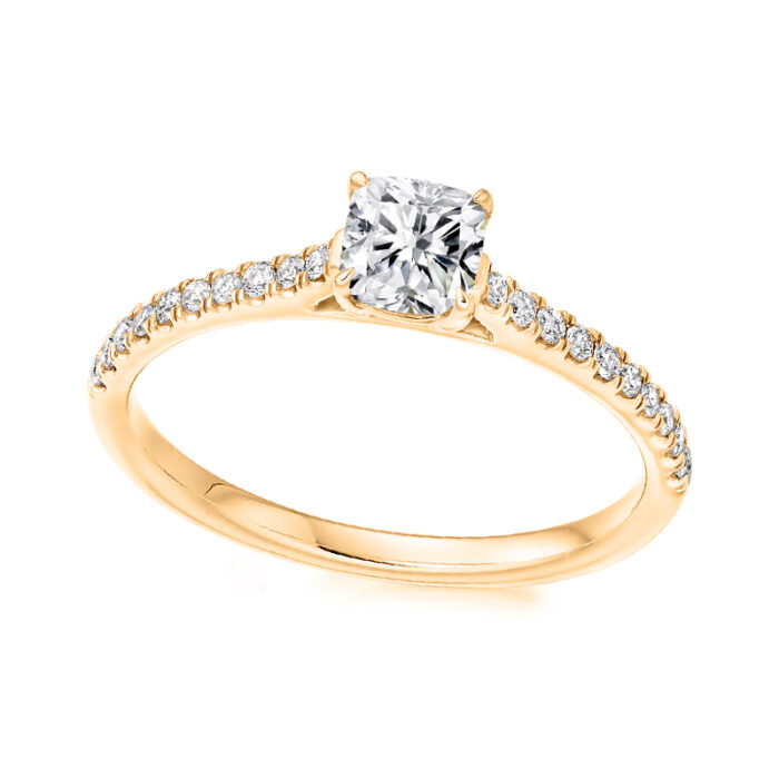 1 carat cushion lab diamond ring with shoulder diamonds yellow gold