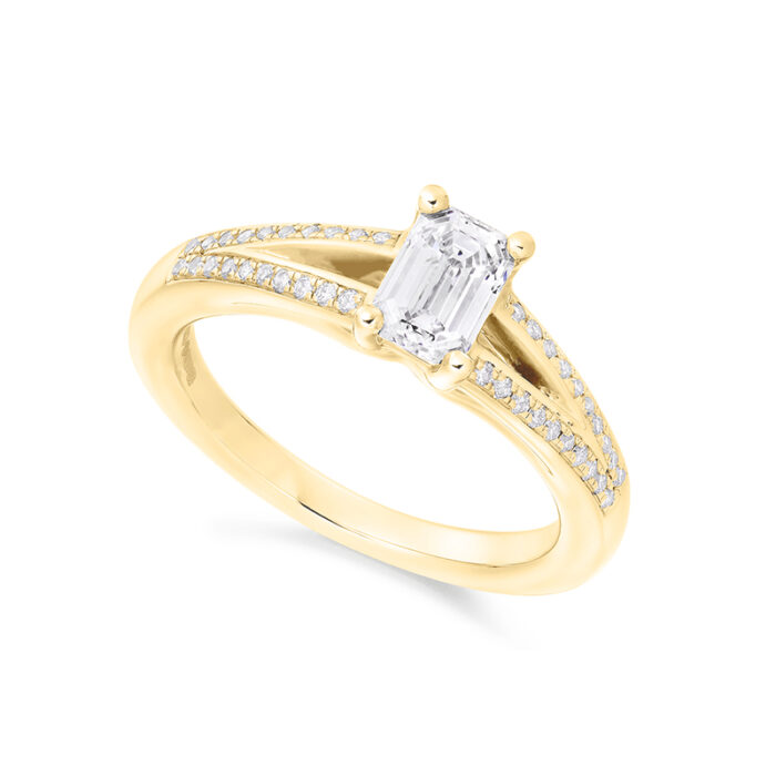 1 carat emerald cut split shoulder lab diamond ring yellow gold