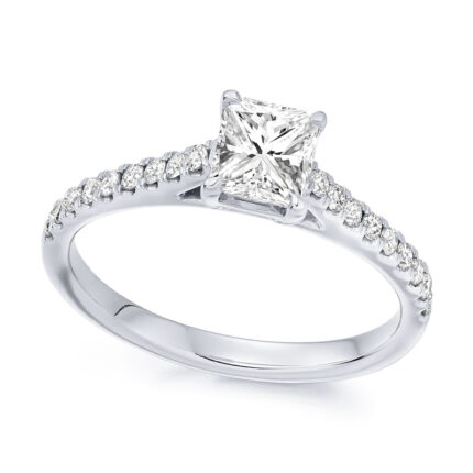 1 carat princess lab diamond ring with shoulder diamonds white gold