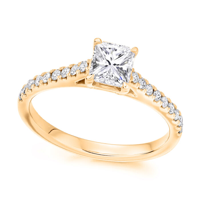 1 carat princess lab diamond ring with shoulder diamonds yellow gold