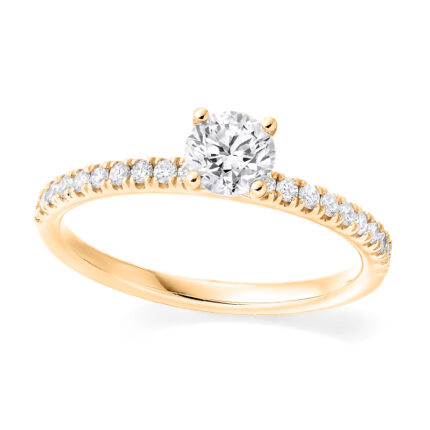 1 carat round lab diamond ring with shoulder diamonds yellow gold