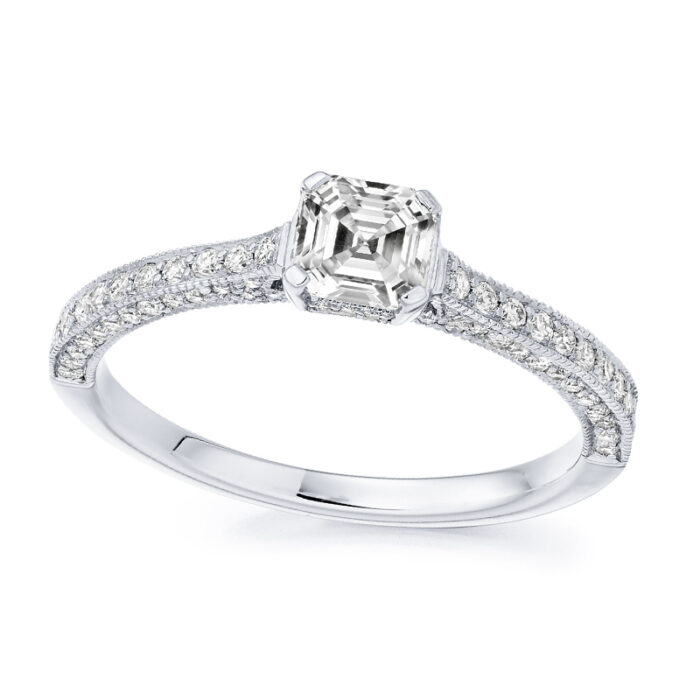 2 carat asscher cut lab diamond ring with shoulder diamonds white gold