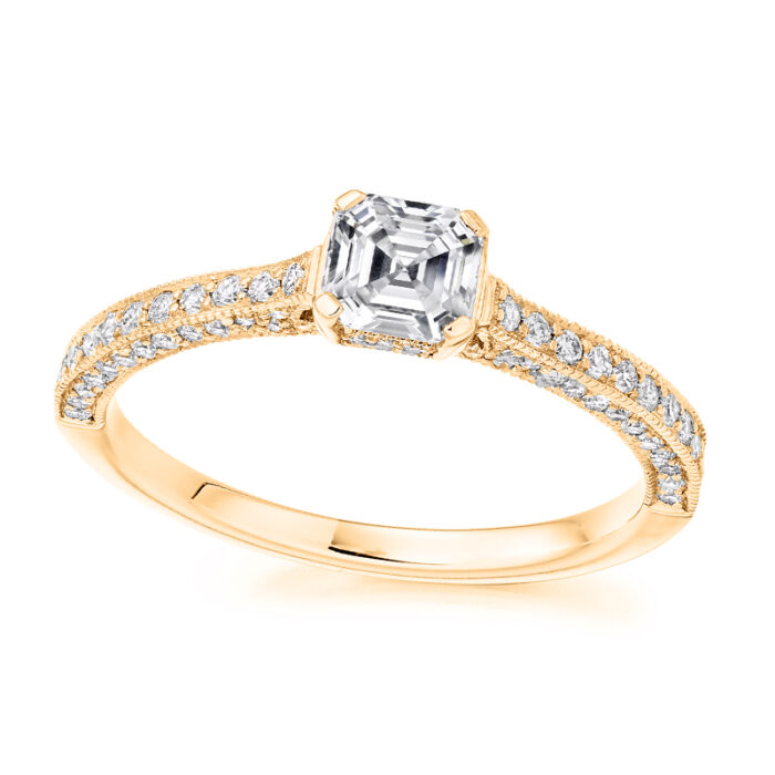 2 carat asscher cut lab diamond ring with shoulder diamonds yellow gold