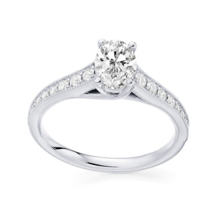 2 carat oval lab diamond ring with shoulder diamonds white gold