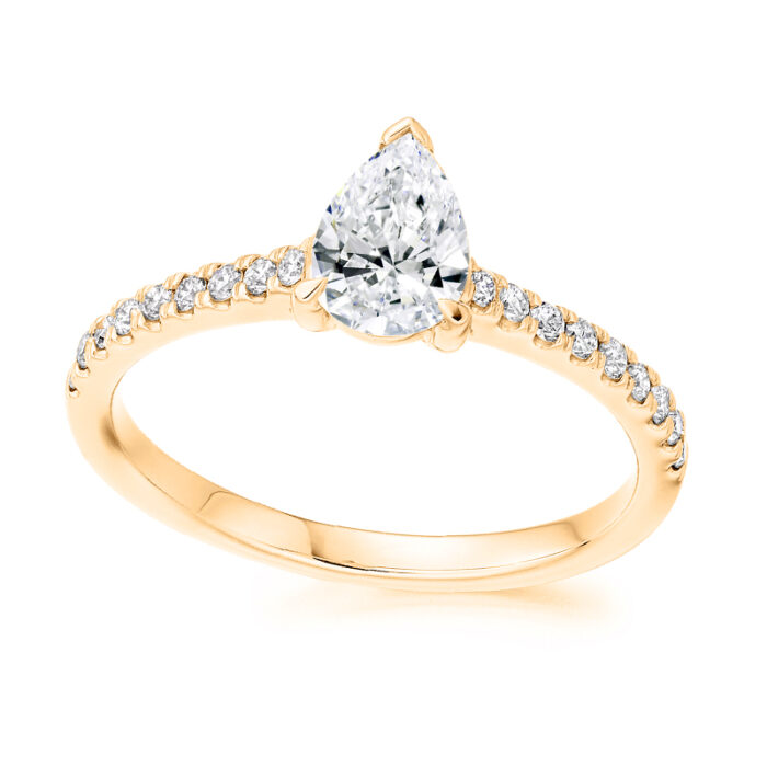 2 carat pear shape lab diamond ring with shoulder diamonds yellow gold