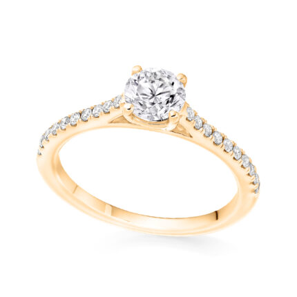 2 carat round lab diamond ring with shoulder diamonds yellow gold
