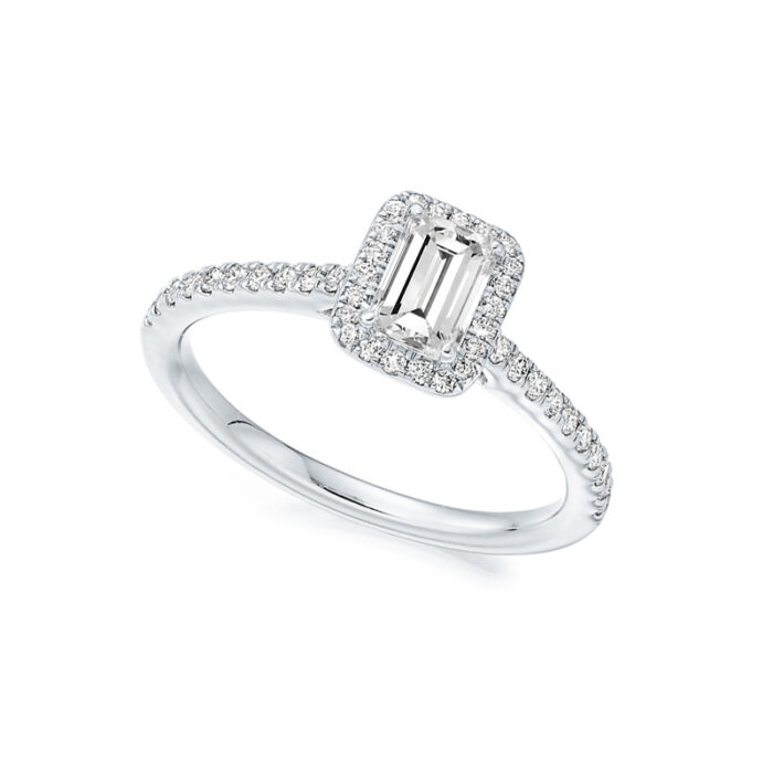 Emerald cut 2 carat diamond ring with halo white gold