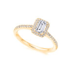 Emerald cut 2 carat lab diamond ring with halo yellow gold