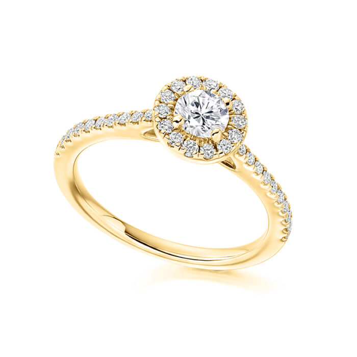 Round shape 2 carat lab diamond ring with halo yellow gold