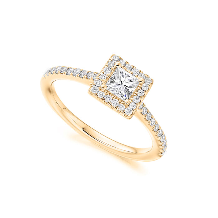 halo ring with princess diamond yellow gold