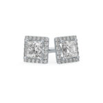 Princess lab diamond stud earrings with halo white gold